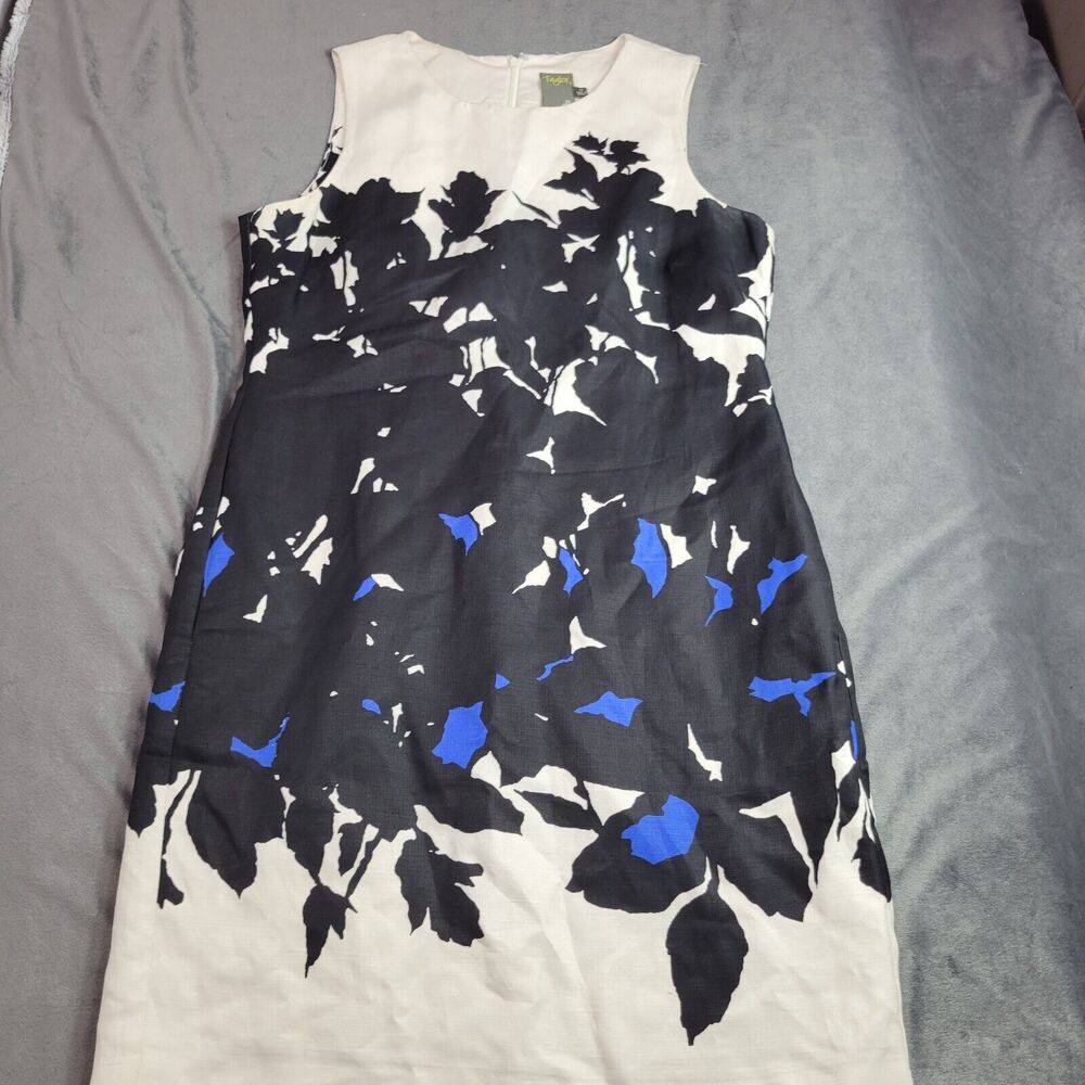 Taylor Dress Womens 10 White Blue Floral Linen Silk Shift Sleeveless Career Chic